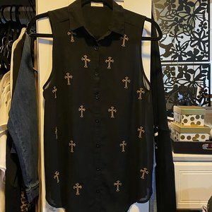 TOBI Black Tank Top Tunic w/ Gold Crosses - (M)